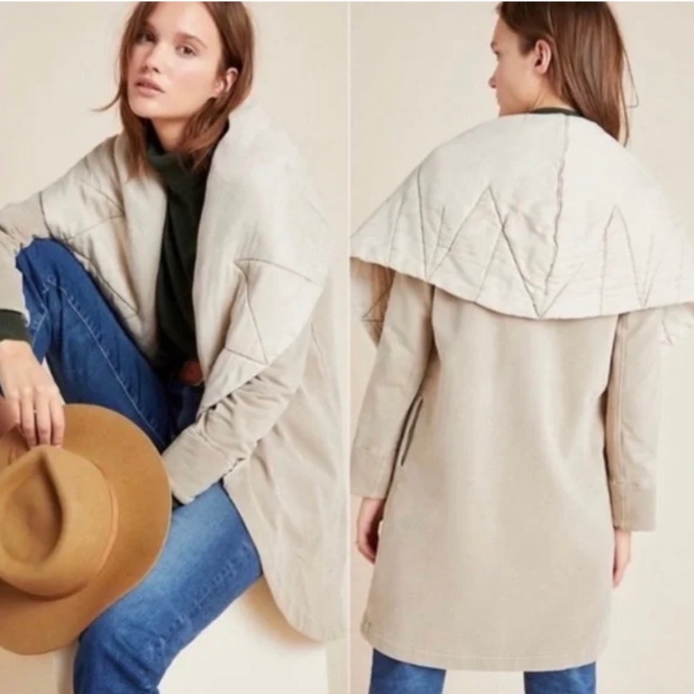 Anthropologie On The Road Misty Tan Beige Quilted Collar Wrap Jacket SZ XS/S